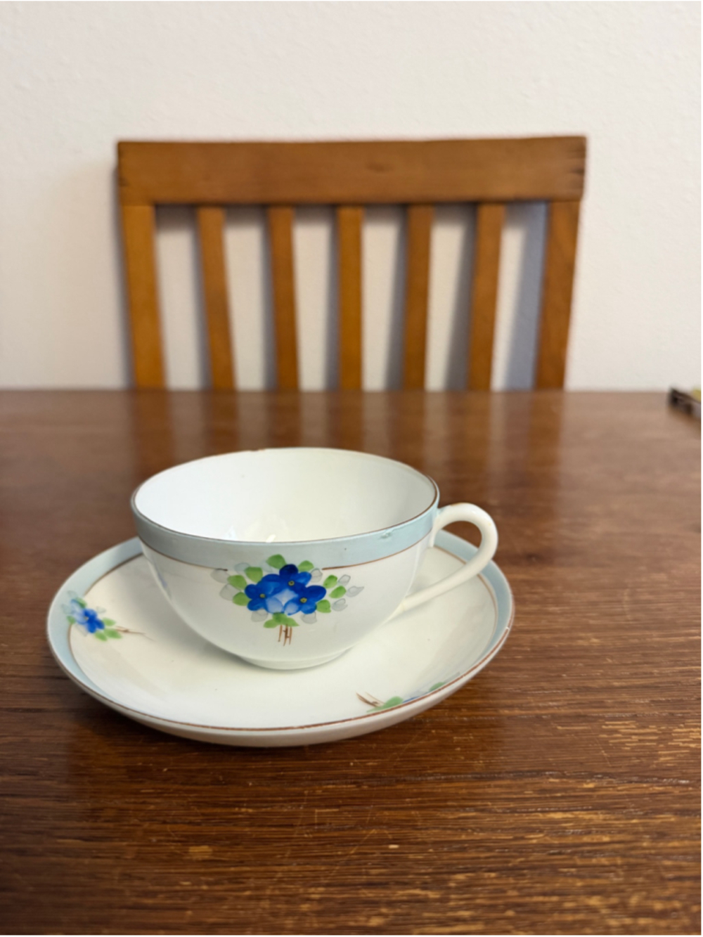 Vintage Meito China Hand Painted Blue Floral Teacup & Saucer Made in Japan Fine